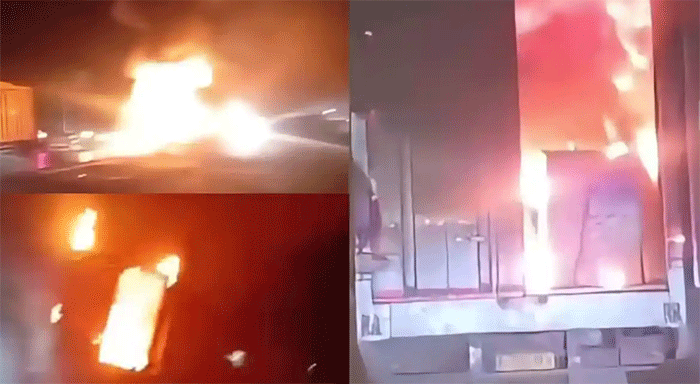 TERBAKAR-Mobil ekspedisi Hino 500 terbakar di Jalan Lingkar Selatan dan api diduga berasal dari box belakang kendaraan, Senin (23/1/20260.Proses pemadaman berlangsung sekitar dua jam 30 menit dengan menghabiskan kurang lebih 30 ribu liter air. 