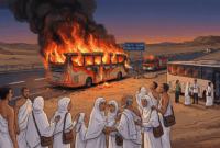 Ilustrasi - Kebakaran bus umrah WNI di Madinah. Sebanyak 24 WNI selamat namun barang-barang mereka hangus terbakar.(KOMPAS.com/Diamanty Meiliana (Generated by Gemini AI))