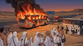 Ilustrasi - Kebakaran bus umrah WNI di Madinah. Sebanyak 24 WNI selamat namun barang-barang mereka hangus terbakar.(KOMPAS.com/Diamanty Meiliana (Generated by Gemini AI))