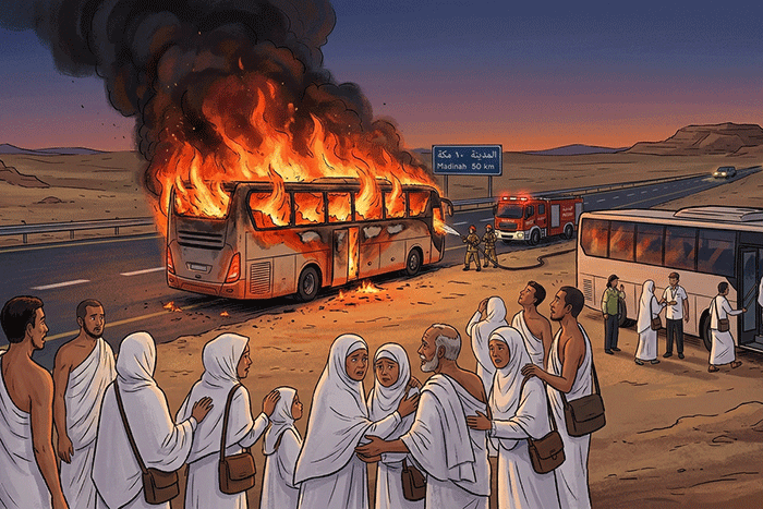 Ilustrasi - Kebakaran bus umrah WNI di Madinah. Sebanyak 24 WNI selamat namun barang-barang mereka hangus terbakar.(KOMPAS.com/Diamanty Meiliana (Generated by Gemini AI))
