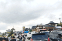 Sejumlah kendaraan tengah menunggu kemacetan di kawasan objek wisata Danau Diatas, Alahan Panjang, Kecamatan Lembah Gumanti, Kabupaten Solok, Sumbar. ANTARA/Rahmatul Laila.