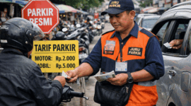 ilustrasi Petugas parkir di Sungai Penuh mengenakan seragam sambil memungut tarif parkir