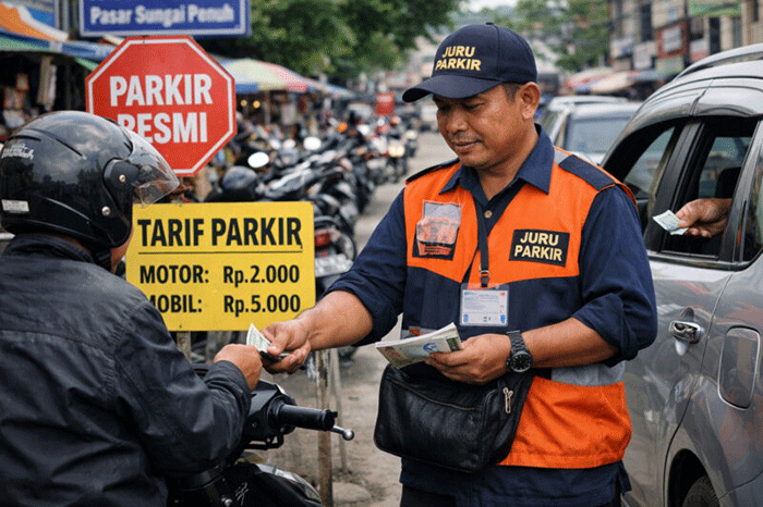 ilustrasi Petugas parkir di Sungai Penuh mengenakan seragam sambil memungut tarif parkir