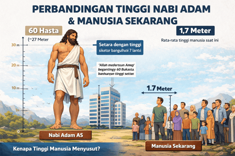 Perbandingan tinggi Nabi Adam dengan manusia sekarang.