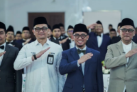 Dari kanan: Menhaj Gus Irfan, Wamehaj Dahnil Anzar, Kepala BPKH Fadlul Imansyah,  pada Rakernas Konsolidasi Penyelenggaraan Haji Kemenhaj, 8 April 2026. Foto: Dok BPKH