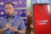 Kolase foto Diireskrimum Polda Jambi dan tampilan layanan bank jambi. Dirreskrimsus Polda Jambi, Kombes Pol Taufik Nurmandia mengatakan polisi masih menyelidiki kasus peretasan Bank Jambi dengan memeriksa puluhan saksi sambil menunggu hasil audit forensik. Tampilan mobile banking Bank Jambi yang belum bisa dibuka pascaperetasan pada akhir Februari 2026 lalu.  