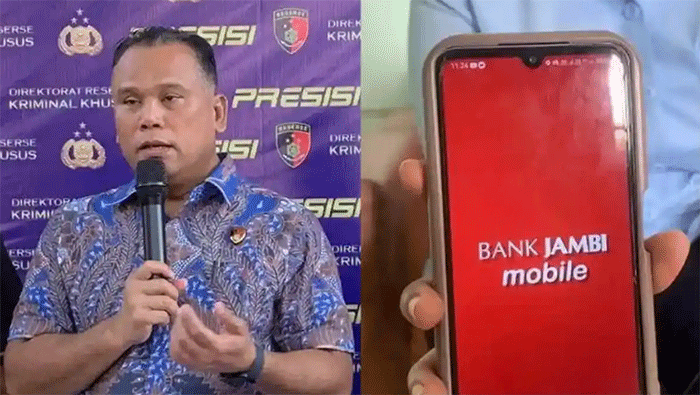 Kolase foto Diireskrimum Polda Jambi dan tampilan layanan bank jambi. Dirreskrimsus Polda Jambi, Kombes Pol Taufik Nurmandia mengatakan polisi masih menyelidiki kasus peretasan Bank Jambi dengan memeriksa puluhan saksi sambil menunggu hasil audit forensik. Tampilan mobile banking Bank Jambi yang belum bisa dibuka pascaperetasan pada akhir Februari 2026 lalu.  