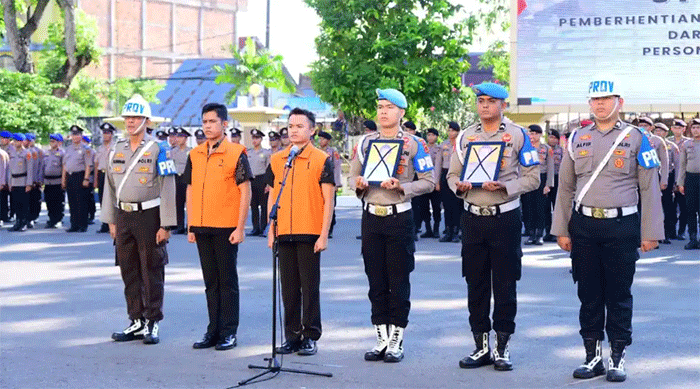 Total 4 polisi di Jambi jalani upacara pemberhentian tidak dnegan hormat atau PTDH di Mapolda Jambi pada Jumat (24/4/2026) pagi.


Artikel ini telah tayang di TribunJambi.com dengan judul Total 4 Polisi di Jambi Dipecat Hari Ini, 2 di Antaranya Tersangka Rudapaksa, https://jambi.tribunnews.com/makalam/1194623/total-4-polisi-di-jambi-dipecat-hari-ini-2-diantaranya-tersangka-rudapaksa.
Penulis: Suci Rahayu PK | Editor: Suci Rahayu PK