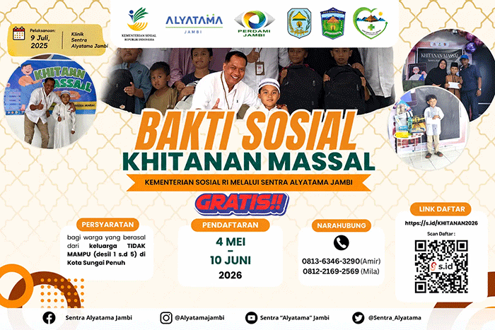 Bakti sosial khitanan massal gratis yang diselenggarakan oleh Kementerian Sosial RI melalui Sentra Alyatama Jambi.