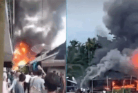 Pasar Teluk Nilau terbakar pada Jumat (1/5/2026) sekitar pukul 16.30 WIB. Lokasinya di Kecamatan Pengabuan, Kabupaten Tanjung Jabung Barat. Puluhan kios hangus. (IG jambisharing) 

