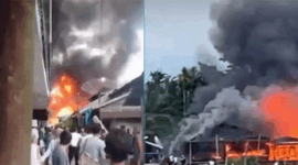 Pasar Teluk Nilau terbakar pada Jumat (1/5/2026) sekitar pukul 16.30 WIB. Lokasinya di Kecamatan Pengabuan, Kabupaten Tanjung Jabung Barat. Puluhan kios hangus. (IG jambisharing) 
