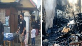 Puing pungi sisa kebakaran yang terjadi di Desa Koto Tinggi yang terjadi, Selasa (5/5) sekitar pukul 10.35 Wib dan api berhasil digunakan dengan 4 unit Damkar Kota Sungai 
