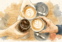 Ilustrasi ketergantungan kafein generasi muda anak muda minum kopi.Photo by GPT AI