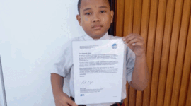 Ibrahim Al Abrar (12) siswa kelas 6 SDN 3 Genengsari, Desa Genengsari, Kecamatan Kemusu, Kabupaten Boyolali, Jateng mendapatkan surat apresiasi resmi dari National Aeronautics and Space Administration (NASA).  Foto: Dok. Istimewa