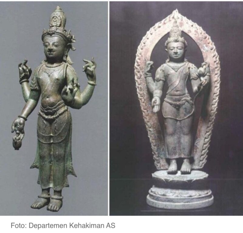 Kedua arca berasal dari abad ke-8 dan menggambarkan Buddha Avalokiteshvara dalam posisi berdiri. Masing-masing memiliki tinggi sekitar 16 inci dan 20 inci.ysng dijarah dikembalikan AS.