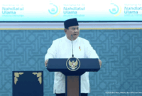 Presiden RI Prabowo Subianto memberikan sambutannya pada penutupan Muktamar ke-35 NU di Jombang, Jawa Timur, Senin (31/8/2026). (ANTARA/HO-BPMI Sekretariat Presiden)