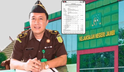 Kolase foto Harta kekayaan Kajari Romy Arizyanto dan gedung Kejari Jambi.