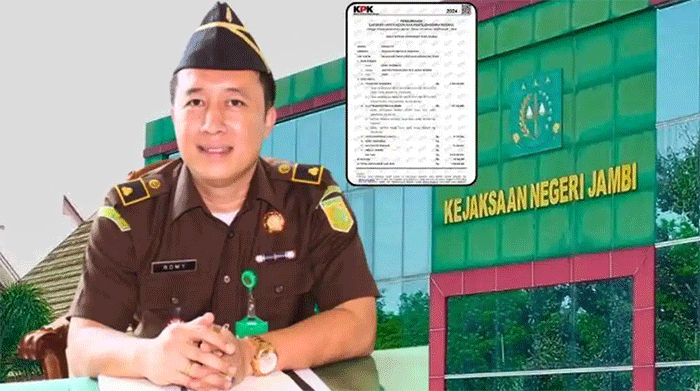 Kolase foto Harta kekayaan Kajari Romy Arizyanto dan gedung Kejari Jambi.