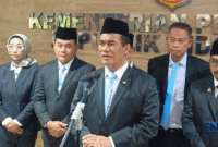Foto: Menteri Pertanian sekaligus Kepala Bapanas Amran Sulaiman saat konferensi pers di Auditorium Kementan, Jakarta, Selasa (18/8/2026). (CNBC Indonesia/Martyasari Rizky)
