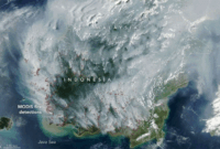 Citra satelit Aqua MODIS menunjukkan kabut asap dan hotspot di Indonesia-Malaysia, 1 September 2026. Foto: Dok NASA Earth