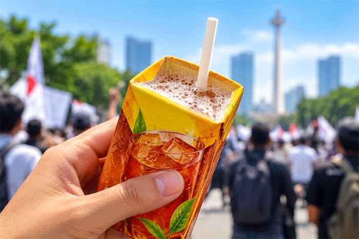 Ilustrasi teh kemasan berbusa saat aksi demo.