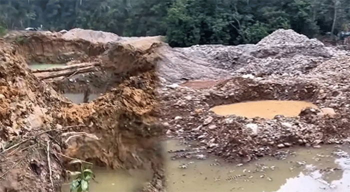 Tangkapan layar video yang diunggah akun Instagram @goma_ondiya, di-capture pada Ahad (17/10/2026). Video tersebut menampilkan lubang menganga di sekitar kawasan Taman Nasional Kerinci Seblat (TNKS) yang diduga bekas aktivitas penambangan emas tanpa izin (PETI). 